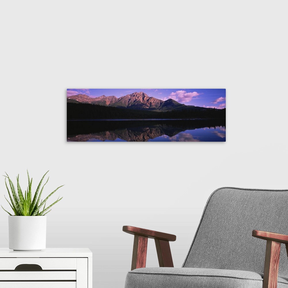 A modern room featuring Reflection of mountains in a lake, Pyramid Lake, Jasper National Park, Alberta, Canada