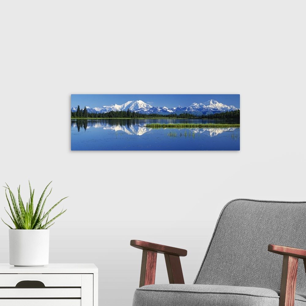 A modern room featuring Panoramic photograph on a big canvas of snow covered Mt Foraker and Mt McKinley behind a line of ...