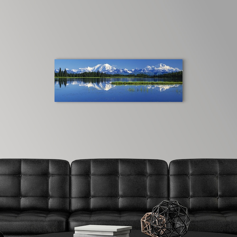 A modern room featuring Panoramic photograph on a big canvas of snow covered Mt Foraker and Mt McKinley behind a line of ...