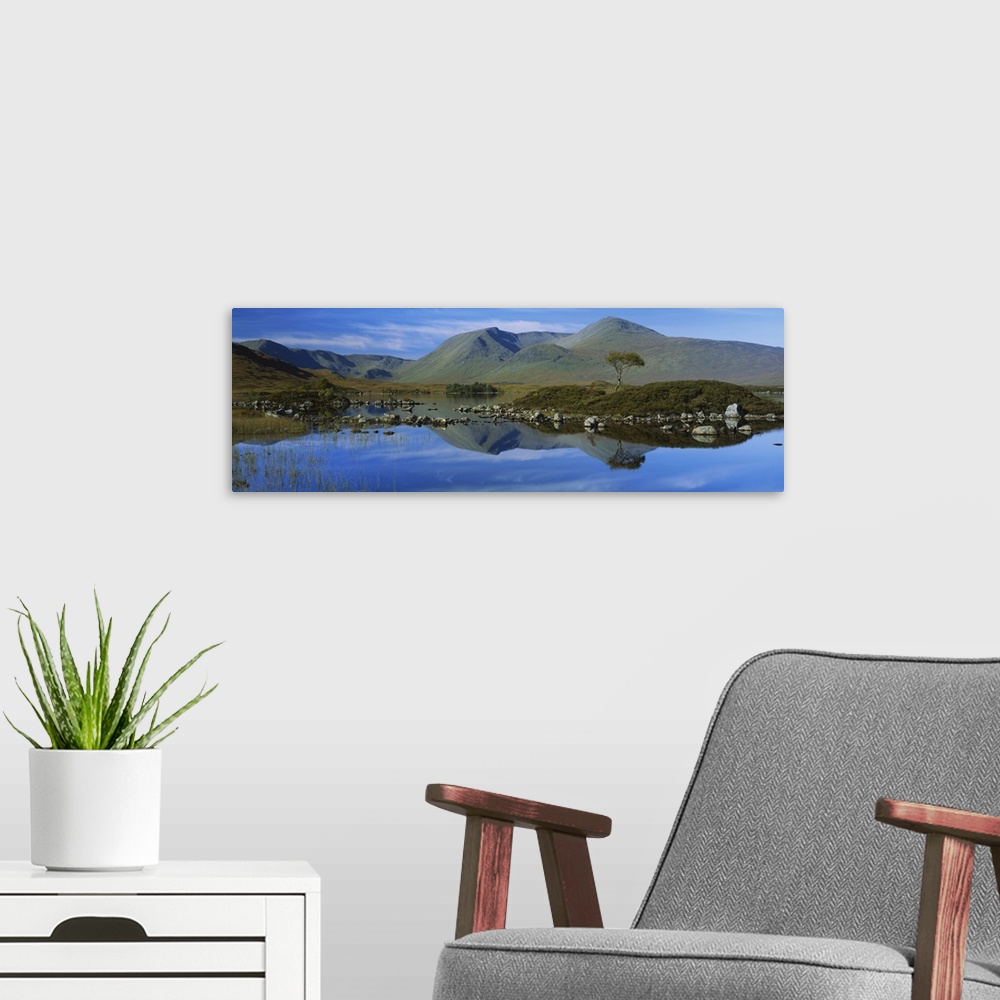 A modern room featuring Reflection of mountains in water, Black Mount, Rannoch Moor, Strathclyde, Scotland
