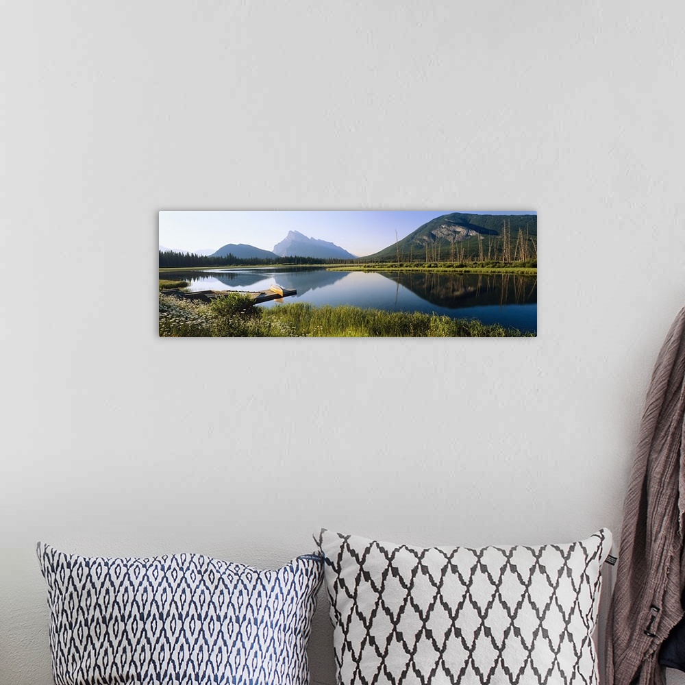 A bohemian room featuring Reflection of mountains in water, Vermillion Lakes, Banff National Park, Alberta, Canada