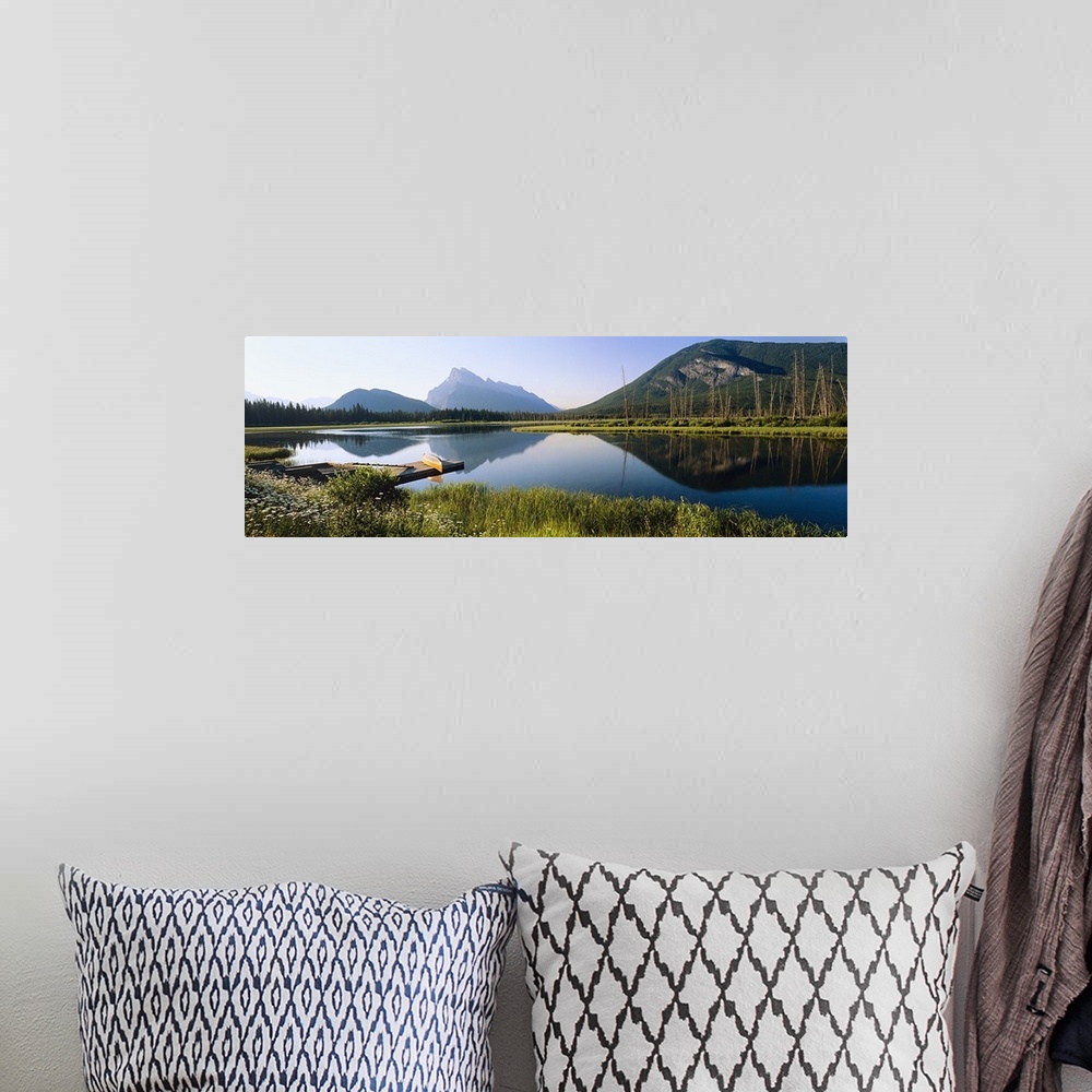A bohemian room featuring Reflection of mountains in water, Vermillion Lakes, Banff National Park, Alberta, Canada
