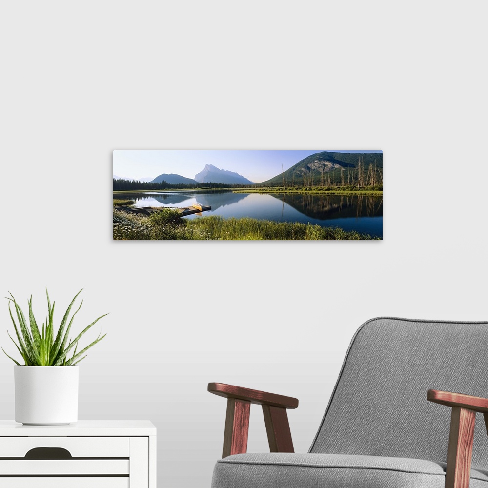 A modern room featuring Reflection of mountains in water, Vermillion Lakes, Banff National Park, Alberta, Canada