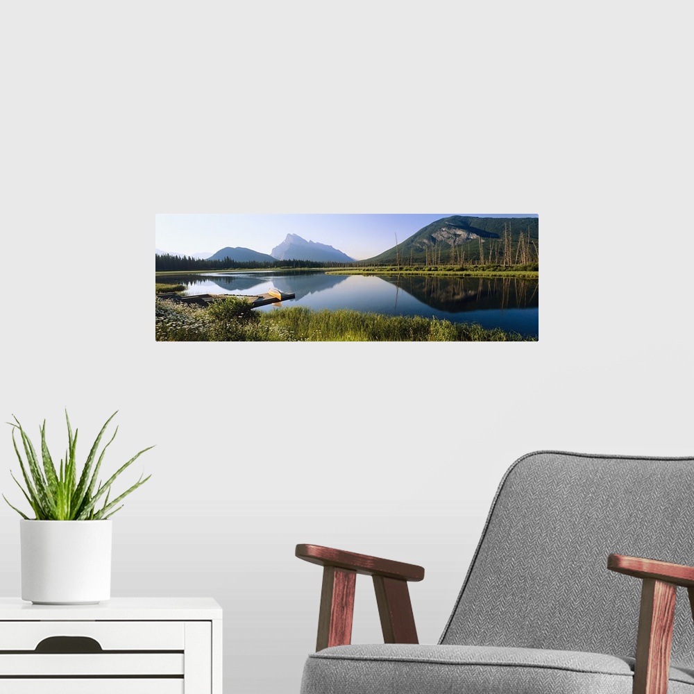 A modern room featuring Reflection of mountains in water, Vermillion Lakes, Banff National Park, Alberta, Canada