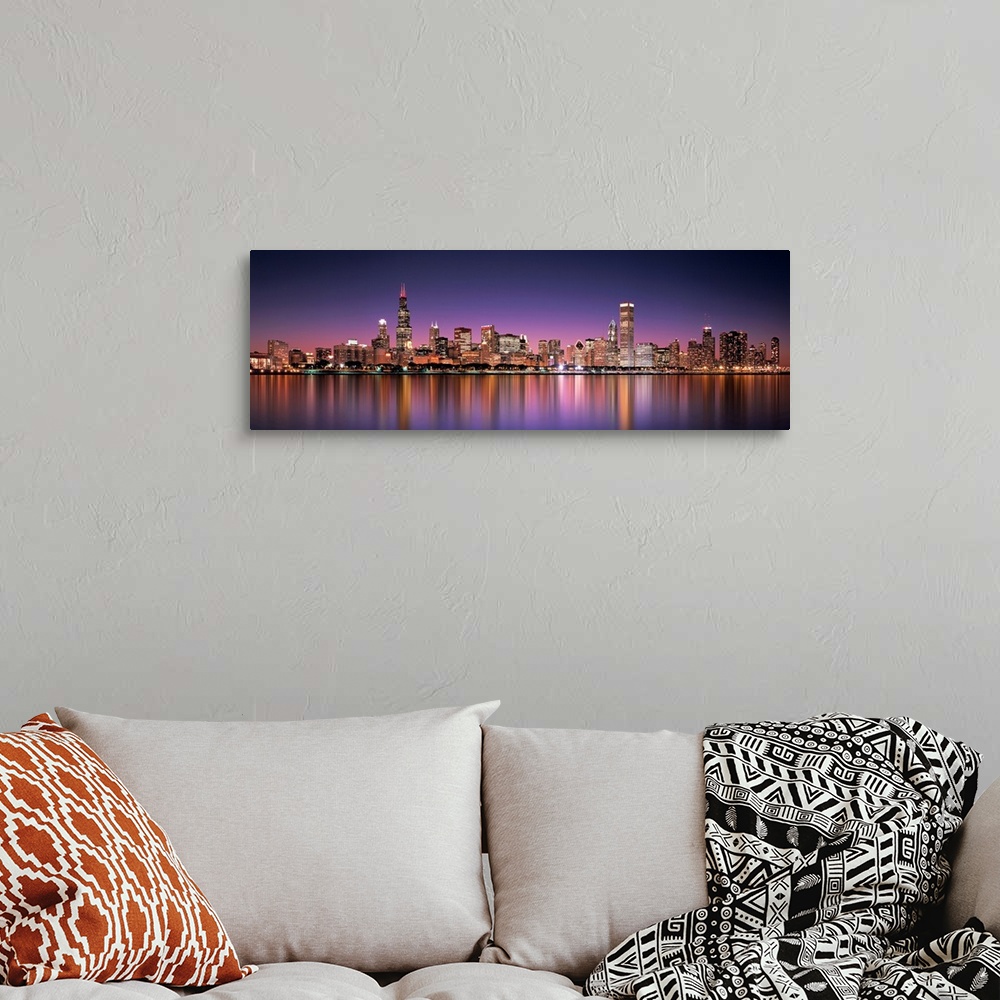 A bohemian room featuring Panoramic photograph of the Chicago, Illinois skyline filled with skyscrapers reflecting onto Lak...