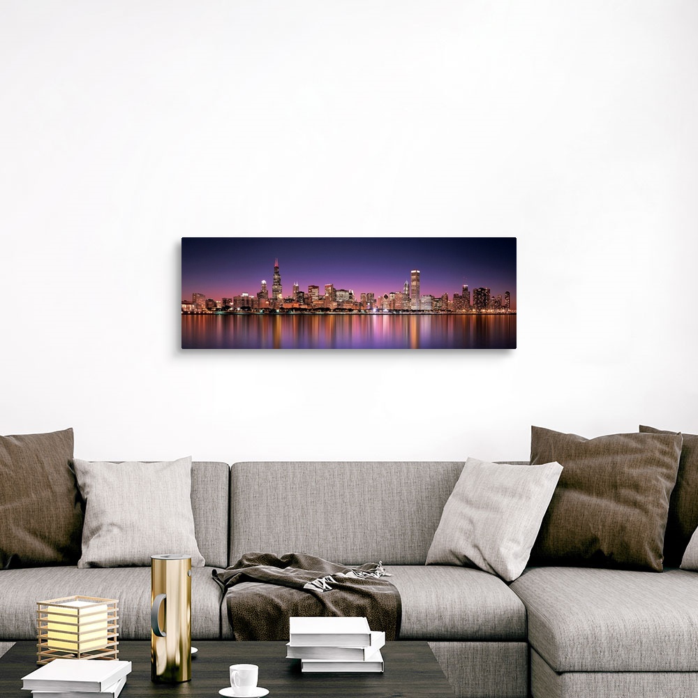 A traditional room featuring Panoramic photograph of the Chicago, Illinois skyline filled with skyscrapers reflecting onto Lak...
