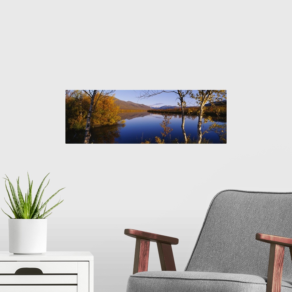 A modern room featuring Reflection of trees and mountains in a river, Vistas River, Nikkaluokta, Lapland, Sweden