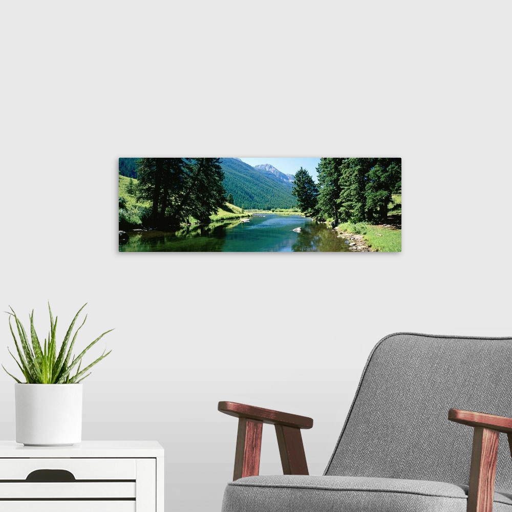 A modern room featuring Panoramic photograph looking down the Boulder River, surrounded by trees and mountain landscape i...
