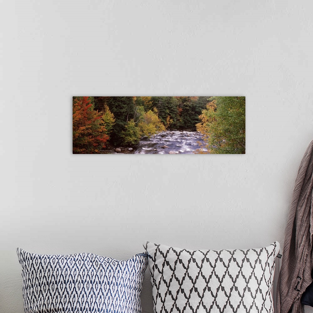 A bohemian room featuring This decorative landscape wall art is a panoramic photograph of a rock filled river riffling thro...