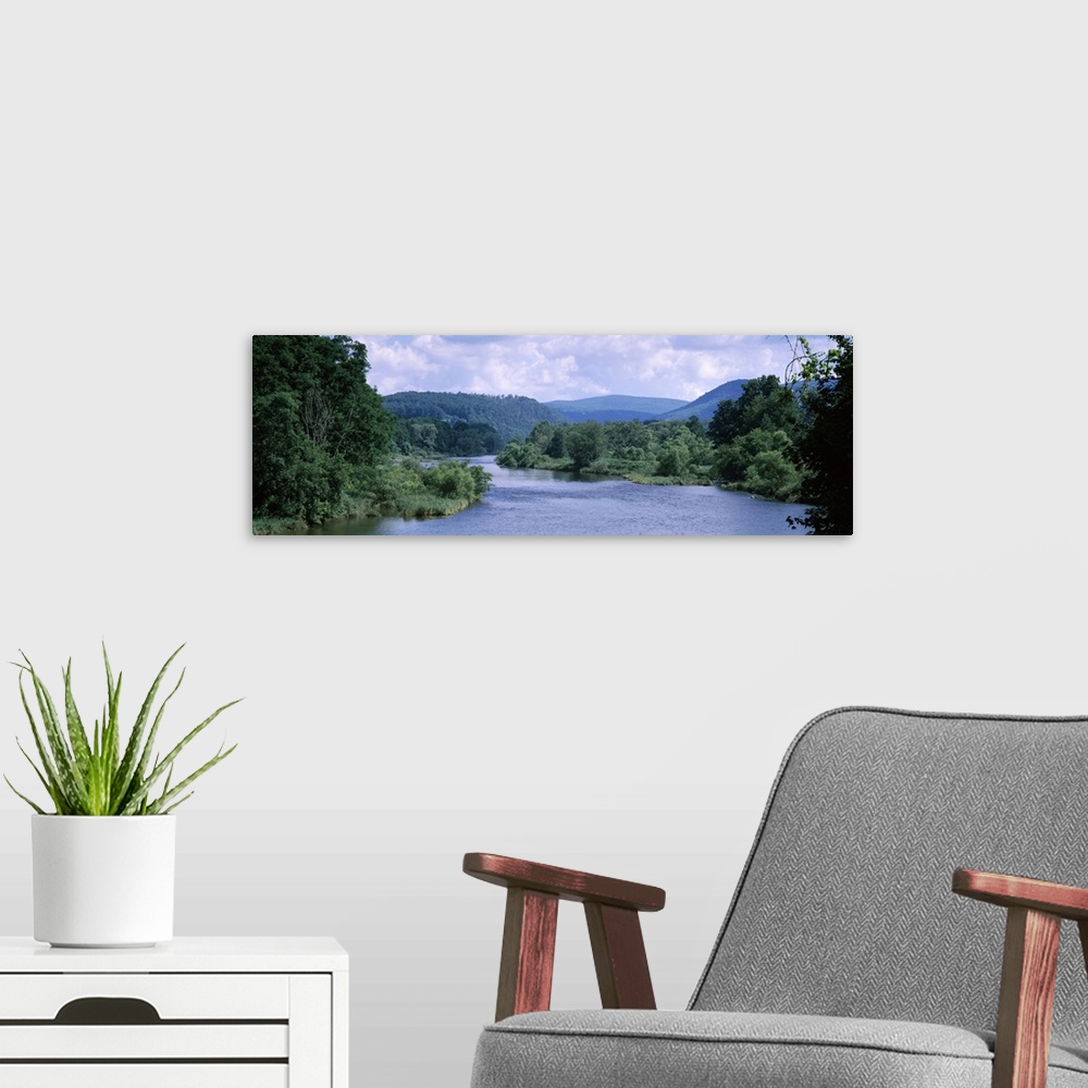 A modern room featuring River flowing through a forest, Delaware River, Delaware County, New York State