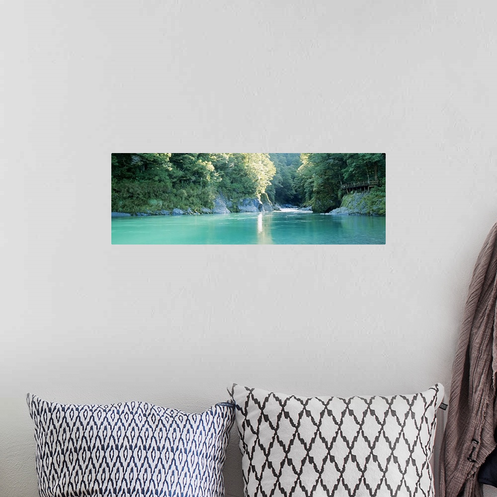 A bohemian room featuring Panoramic image of a river with clear water flowing through a dense forest with big rocks as clif...