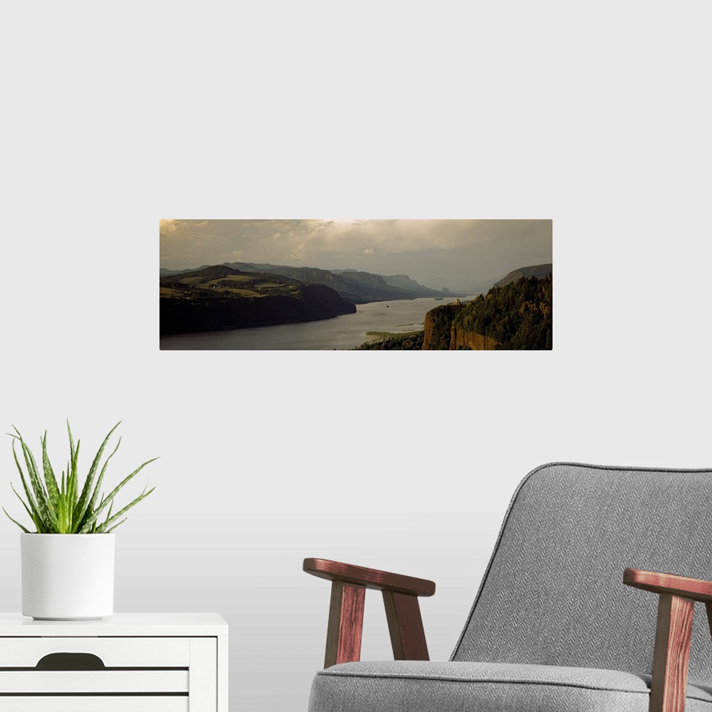 A modern room featuring River passing through mountains, Columbia River Gorge, Crown Point Vista House, Crown Point, Oregon