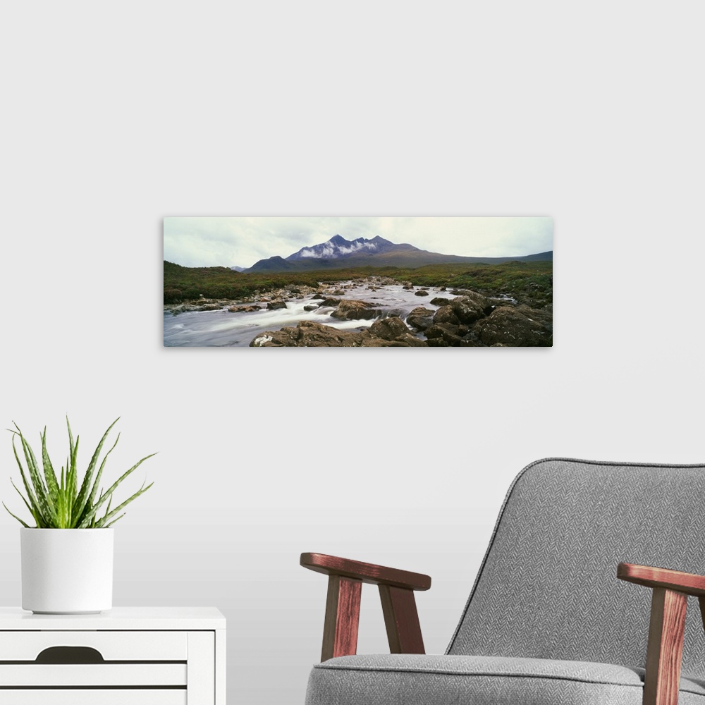 A modern room featuring River Sligachan, distant mountain in mist, Glen Sligachan, Isle of Skye, Scotland