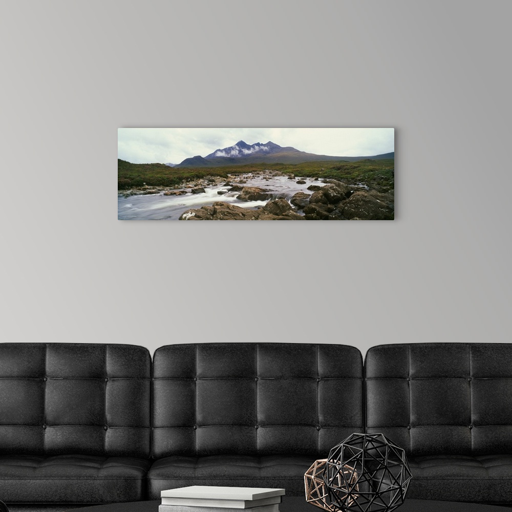 A modern room featuring River Sligachan, distant mountain in mist, Glen Sligachan, Isle of Skye, Scotland