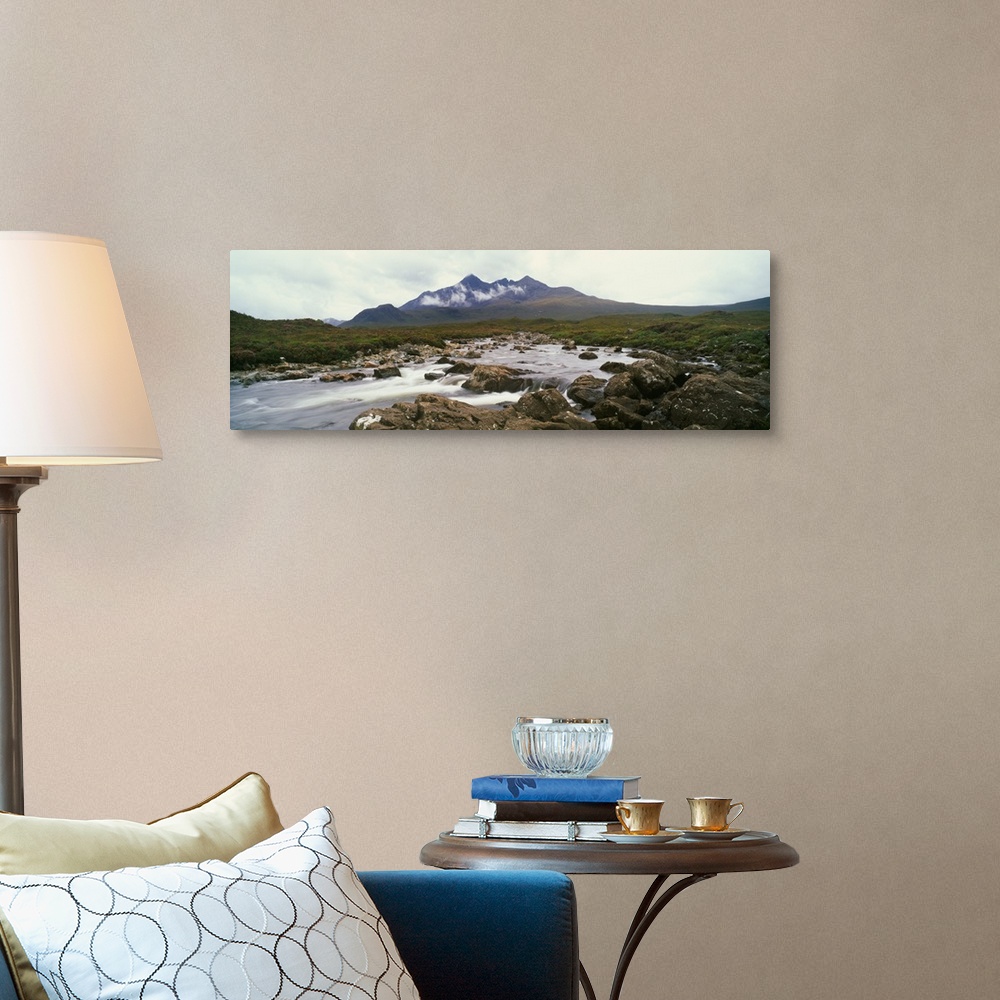 A traditional room featuring River Sligachan, distant mountain in mist, Glen Sligachan, Isle of Skye, Scotland