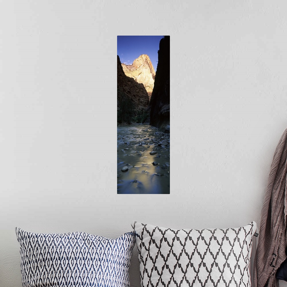 A bohemian room featuring River with rock formations in the background, Virgin River, Zion National Park, Utah, USA
