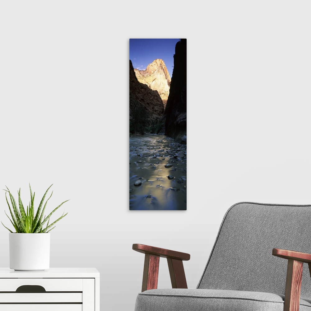 A modern room featuring River with rock formations in the background, Virgin River, Zion National Park, Utah, USA