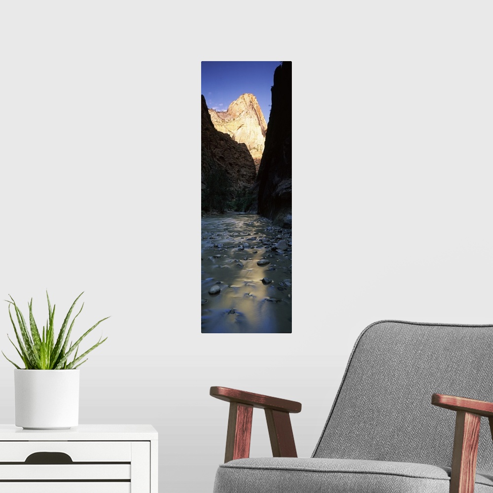 A modern room featuring River with rock formations in the background, Virgin River, Zion National Park, Utah, USA