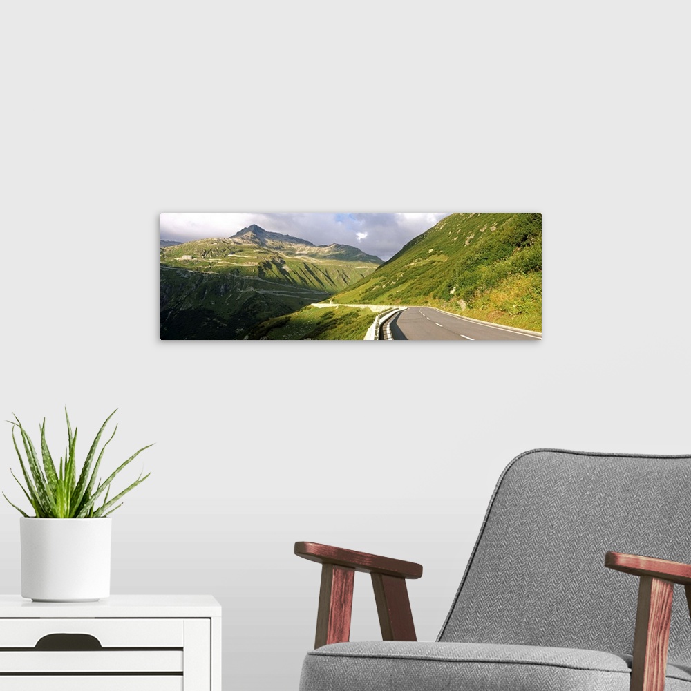 A modern room featuring Road passing through a mountain, Furka Pass, Swiss Alps, Switzerland