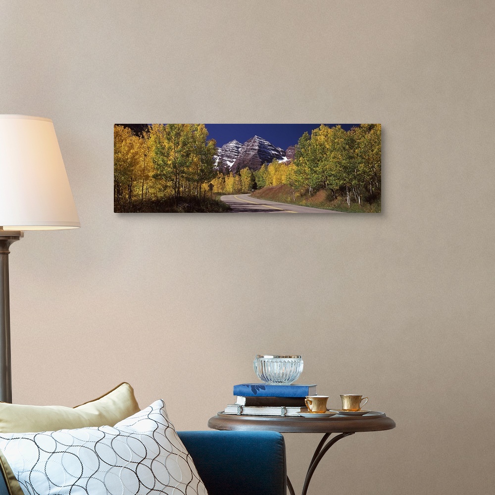 A traditional room featuring Large, horizontal photograph of a road winding through a fall colored forest, the Maroon Bells in...