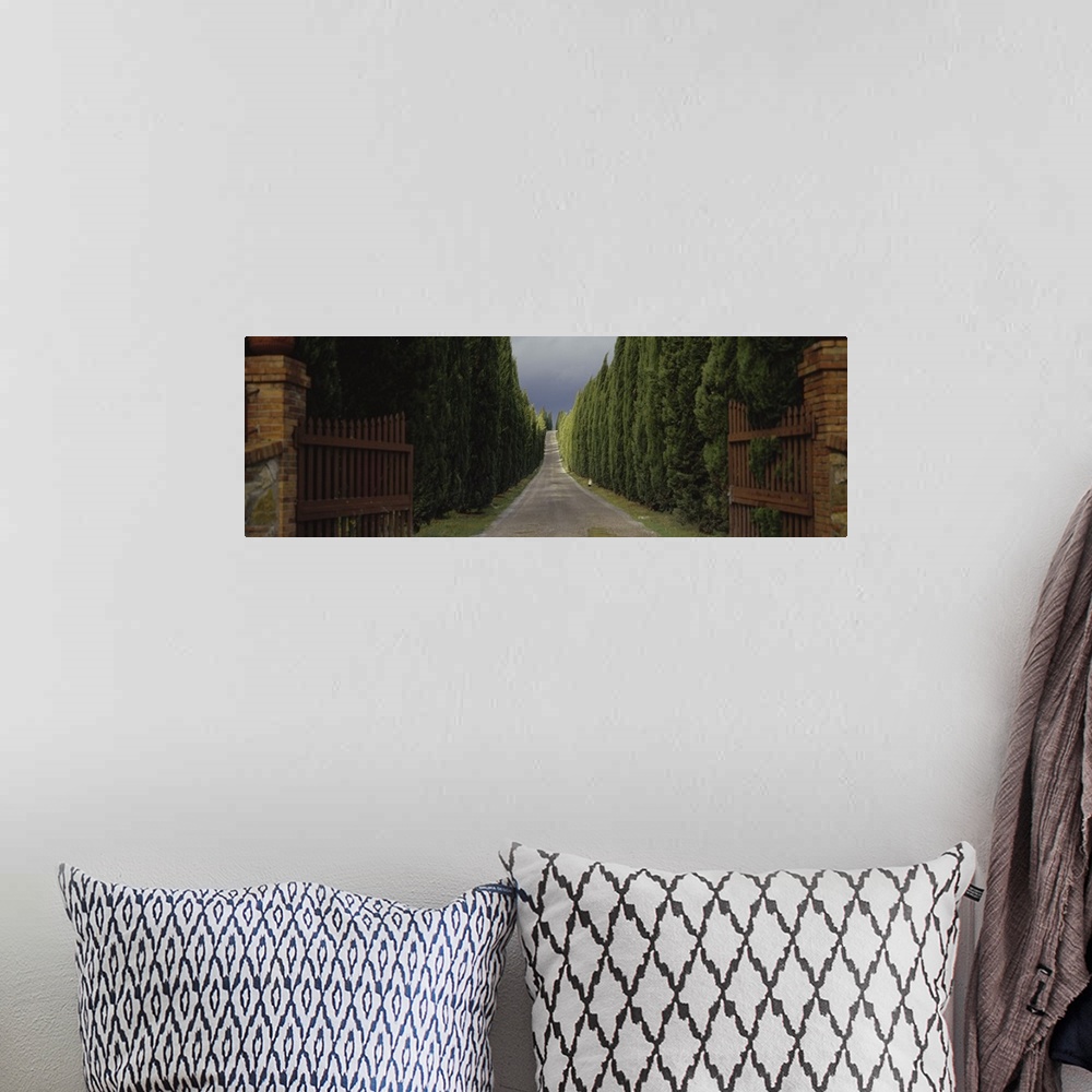 A bohemian room featuring Panoramic photograph shows an open gate as it leads to a gravel road that heads into the horizon ...