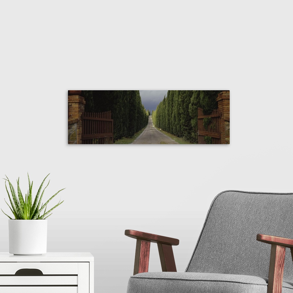 A modern room featuring Panoramic photograph shows an open gate as it leads to a gravel road that heads into the horizon ...