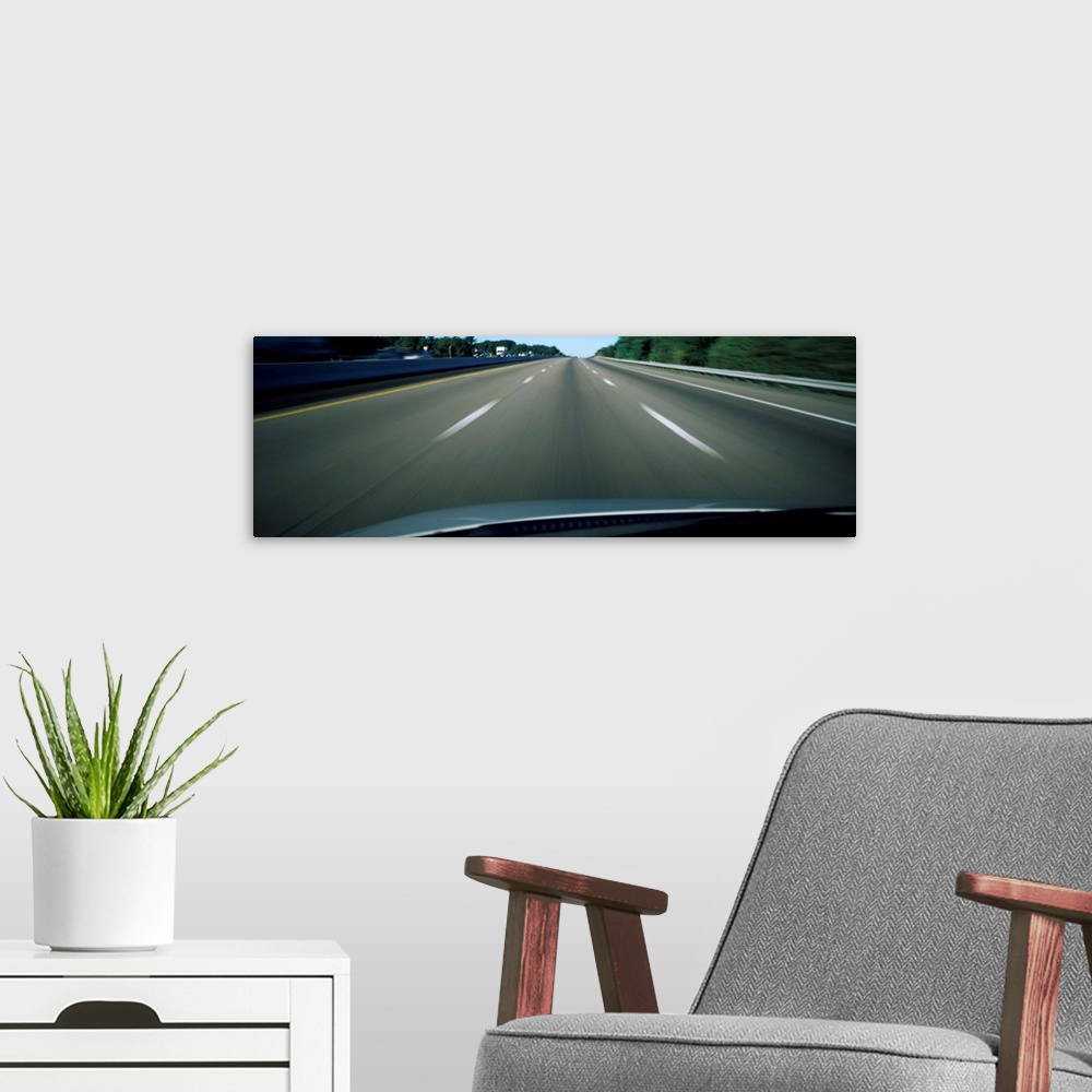 A modern room featuring Road viewed from the windshield of a moving car, Interstate 90, Boston, Suffolk County, Massachus...