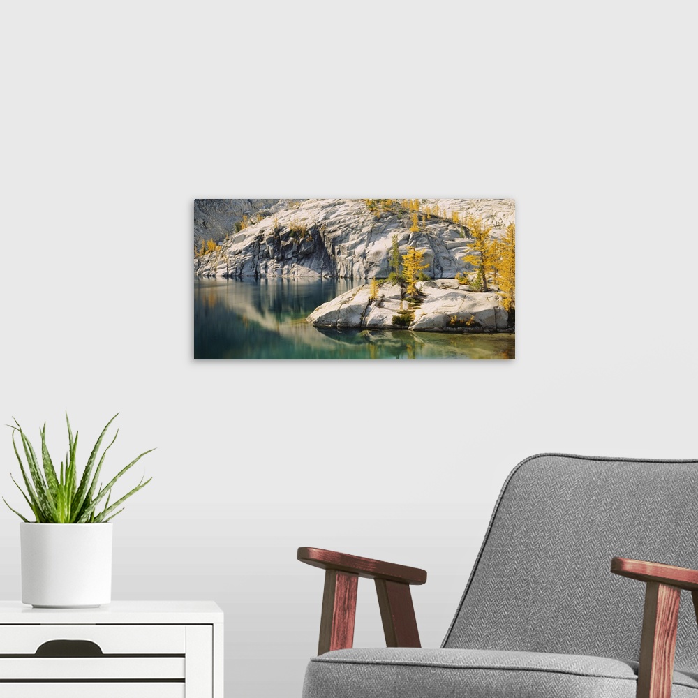 A modern room featuring Rock formations along a lake, Alpine Lake, Washington State
