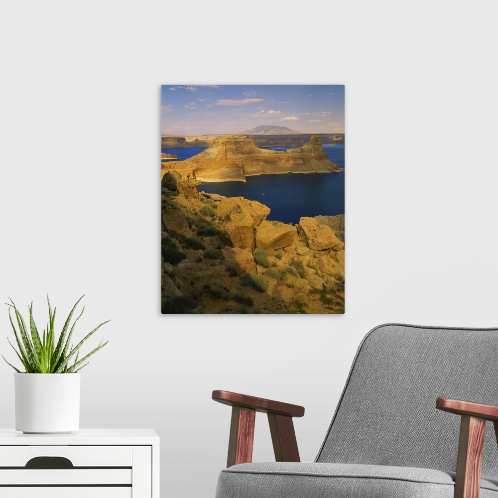 A modern room featuring Rock formations at a lake, Gunsight Butte, Lake Powell, Glen Canyon National Recreation Area, Ari...