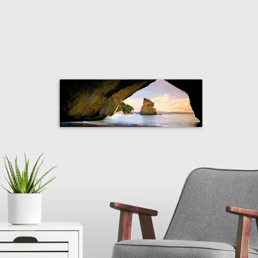 A modern room featuring Rock formations in the Pacific Ocean, Cathedral Cove, New Zealand