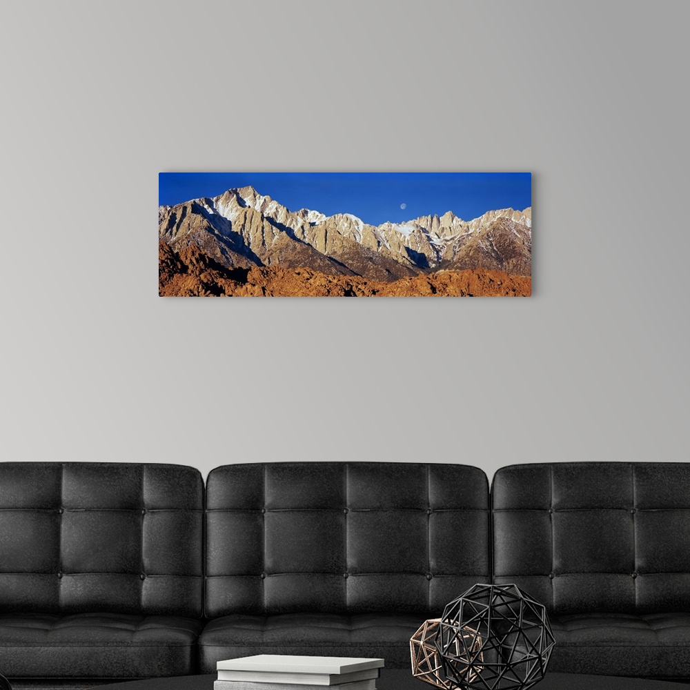 A modern room featuring Rock formations on a mountain range, Moonset over Mt Whitney, Lone Pine, California
