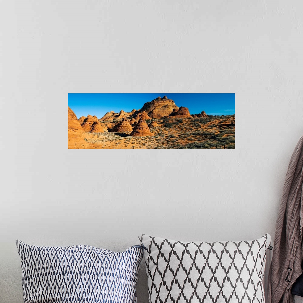 A bohemian room featuring Panoramic photograph shows a field of rock structures among a dry terrain in the Southwestern Uni...