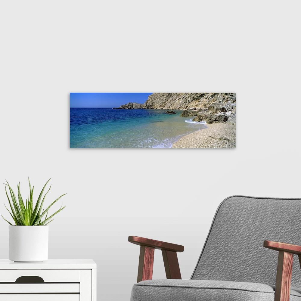 A modern room featuring Rock formations on the beach, Petani Beach, Cephalonia, Ionian Islands, Greece