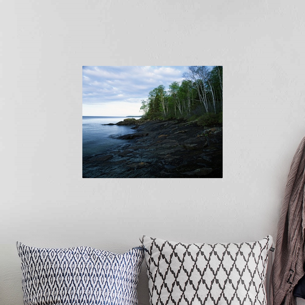 A bohemian room featuring Large photograph shows a dense forest next to the rocky shore of a large body of water within the...