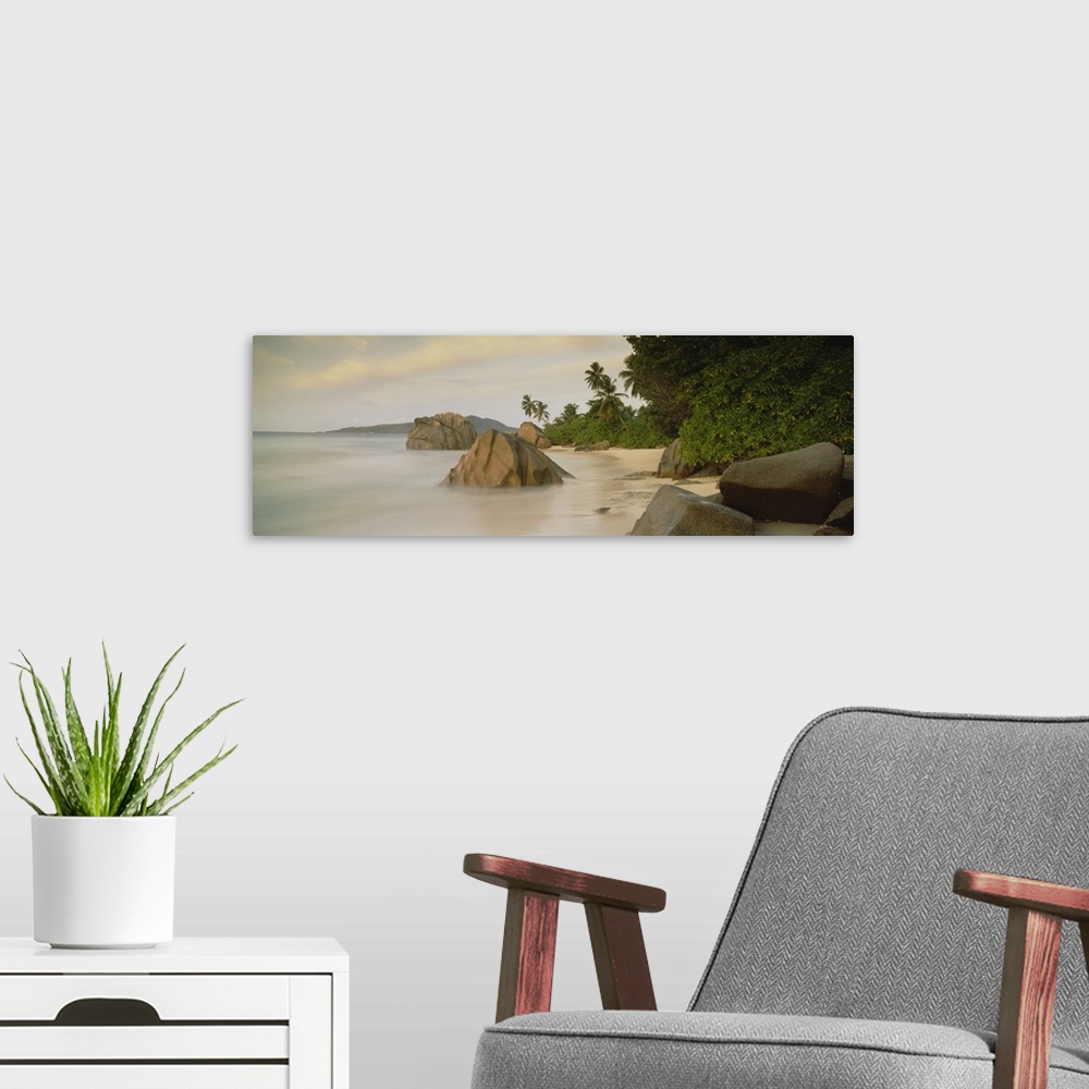 A modern room featuring This large panoramic photograph shows a beach with lush green forest behind it and rocks sitting ...