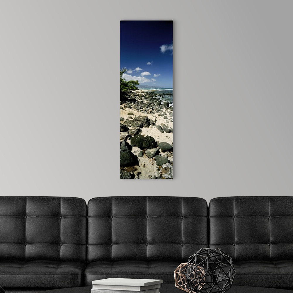 A modern room featuring Oversized vertical photograph of a sandy shore covered in rocks in Leftovers Beach Park, with a d...