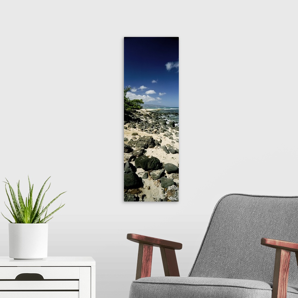 A modern room featuring Oversized vertical photograph of a sandy shore covered in rocks in Leftovers Beach Park, with a d...