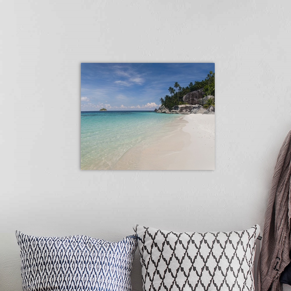 A bohemian room featuring Square photograph on a big canvas looking down the shoreline of clear blue water and white sands ...