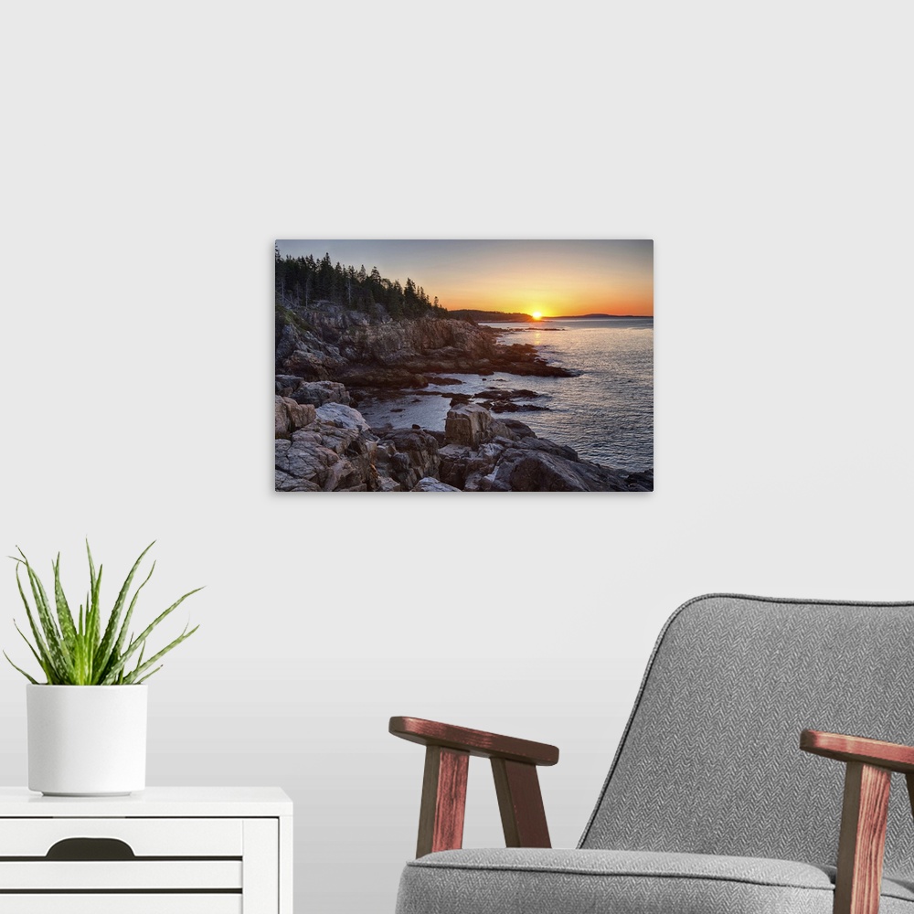 A modern room featuring Rocks on the coast at sunrise, Little Hunters Beach, Acadia National Park, Maine