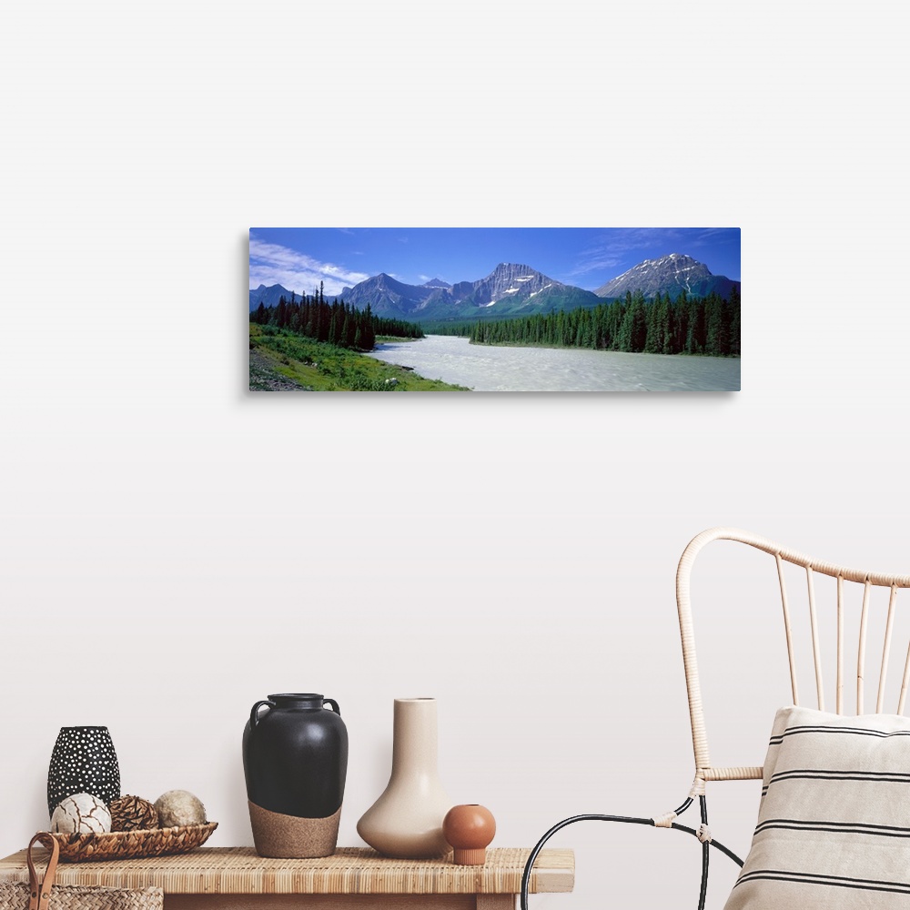 A farmhouse room featuring Panoramic photograph of river winding through forest with mountain range in the distance under a ...