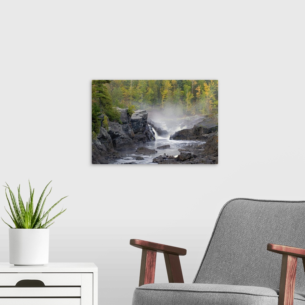 A modern room featuring Rocky shores of Saint Louis River, mist, Jay Cooke State Park, Minnesota