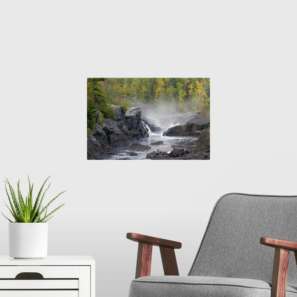 A modern room featuring Rocky shores of Saint Louis River, mist, Jay Cooke State Park, Minnesota
