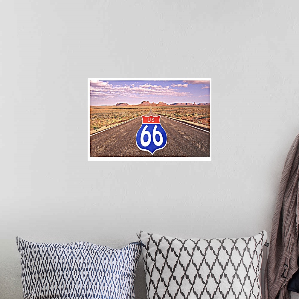 A bohemian room featuring Route 66 Sign Superimposed on Road