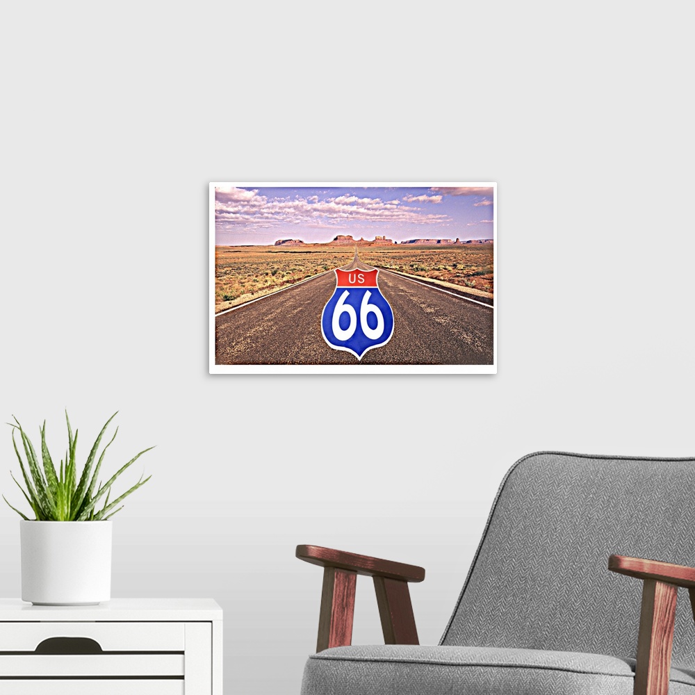 A modern room featuring Route 66 Sign Superimposed on Road