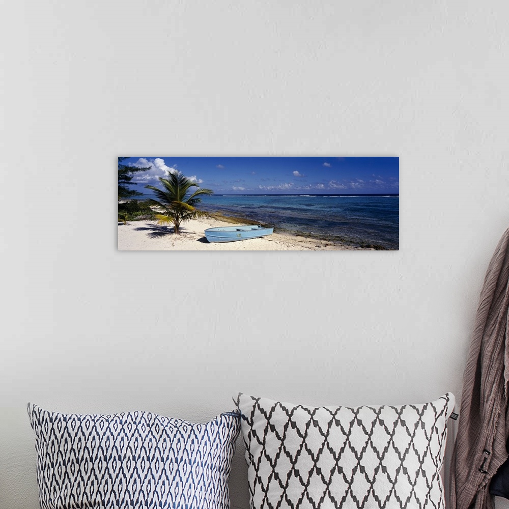 A bohemian room featuring A single boat resting on the sandy shore next to a young palm tree and the tropical ocean water i...