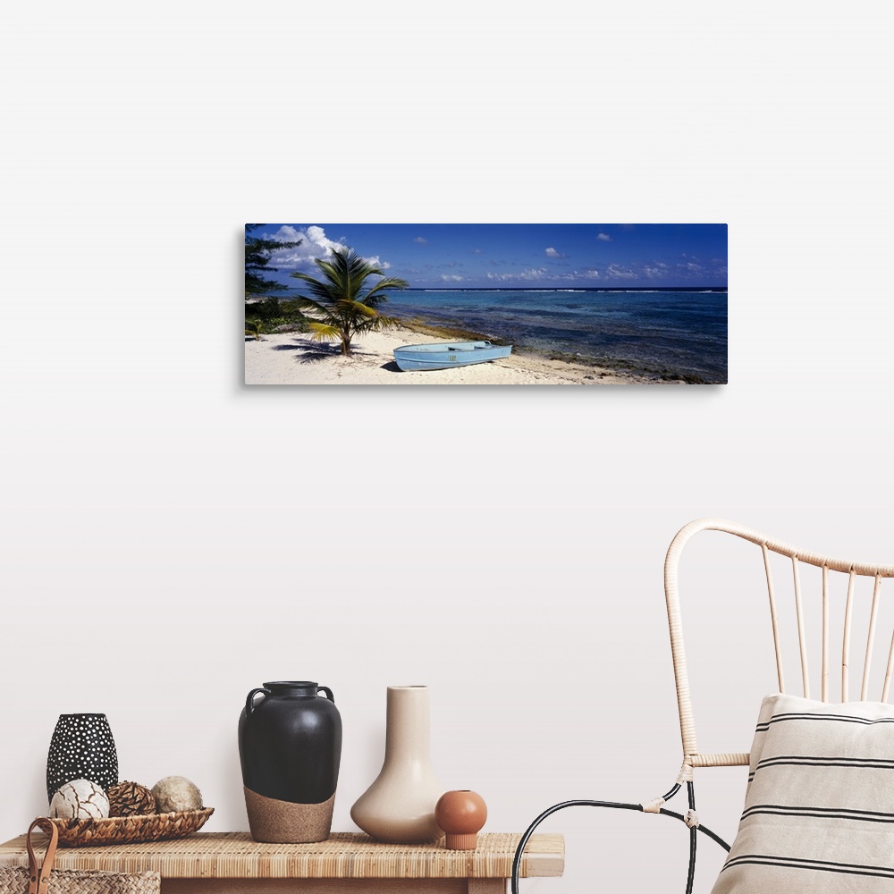 A farmhouse room featuring A single boat resting on the sandy shore next to a young palm tree and the tropical ocean water i...