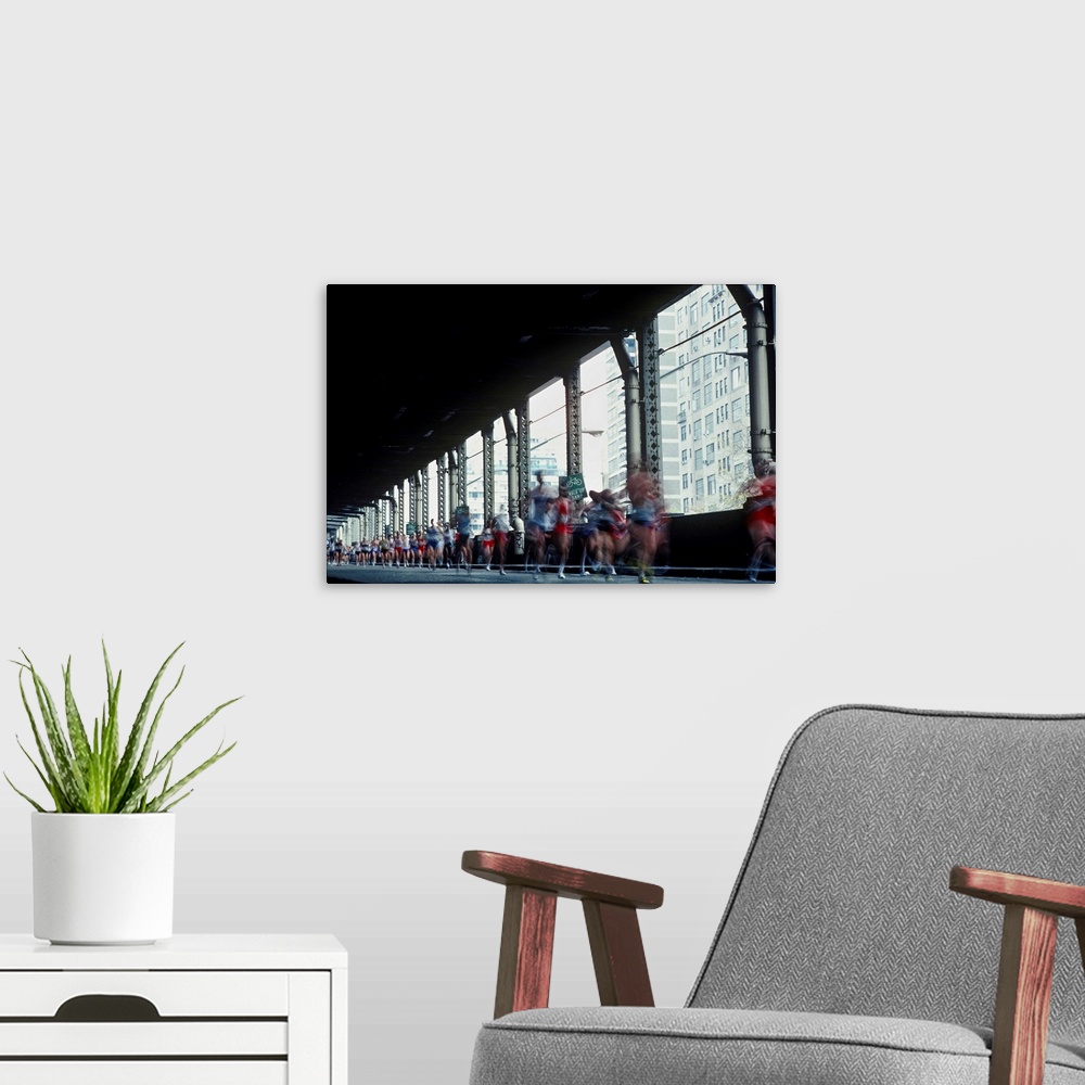 A modern room featuring Runners crossing 1st Avenue/59th Street Bridge, NY City, NY Marathon