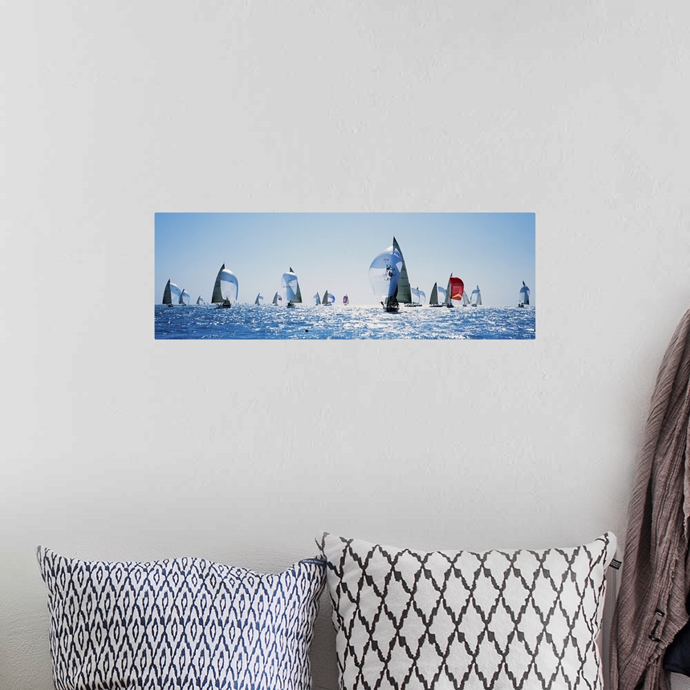 A bohemian room featuring Oversized, panoramic photograph of a large group of sailboats in rippling waters, sparkling in th...