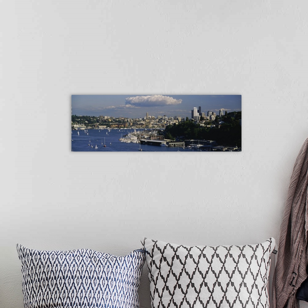 A bohemian room featuring Sailboats in a lake with a city in the background, Lake Union, Seattle, Washington State
