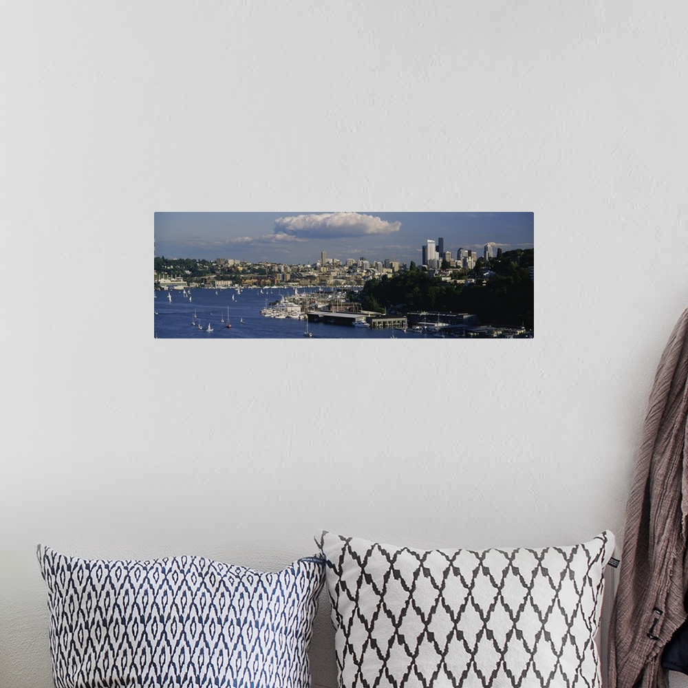 A bohemian room featuring Sailboats in a lake with a city in the background, Lake Union, Seattle, Washington State